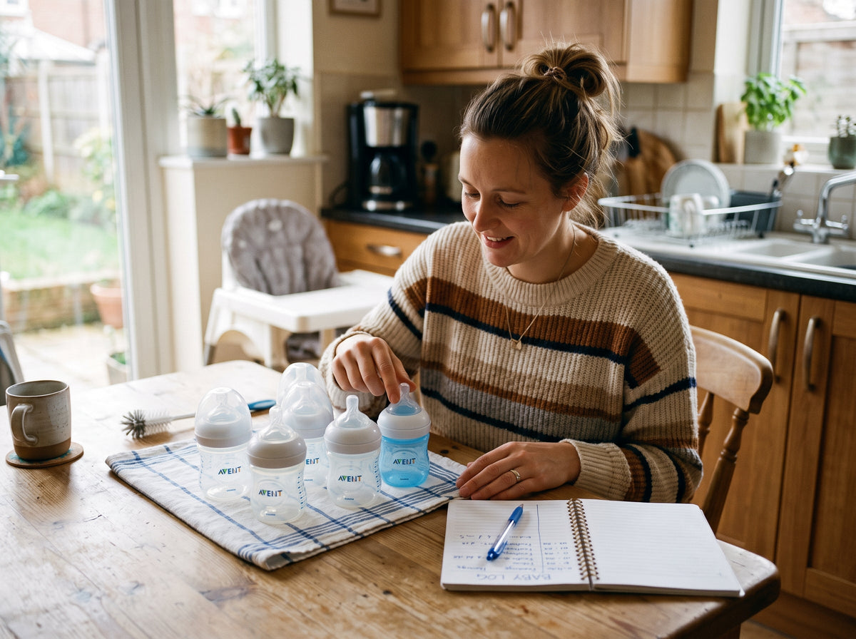Parent examining clean baby bottles in a home kitchen.